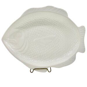 Ceramic Fish-Shaped Serving Plate White Embossed Design Vtg Coastal Home Decor